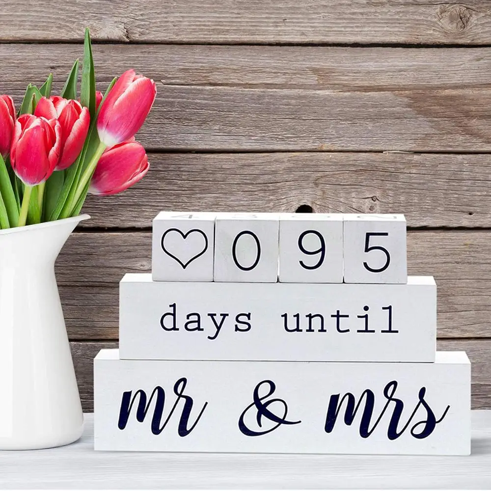 Custom Designed Mr and Mrs Wooden Block Rustic Wedding Day Countdown Calendar with Engraving