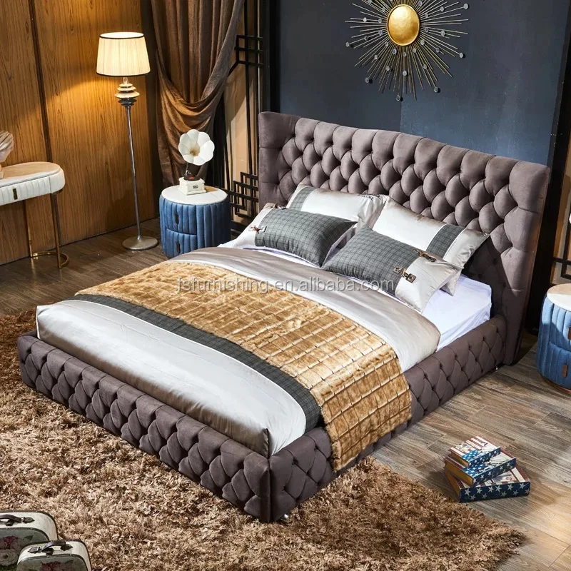 FO228 Italian Bed Moder Upholstery Grey Velvet Bed Soft Victorian Bedroom Furniture Set/ Fabric Modern Bedroom Furniture