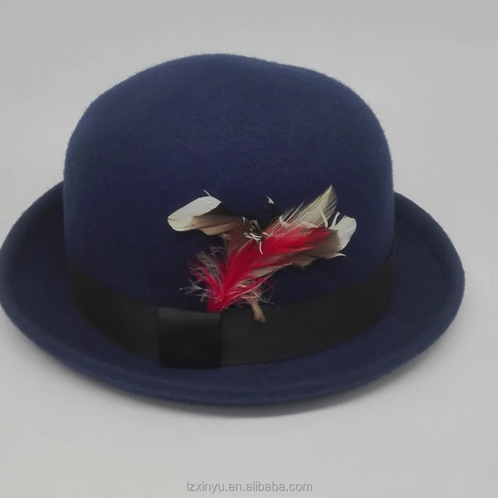 Blue Round Top Fedora Trilby Hat With 