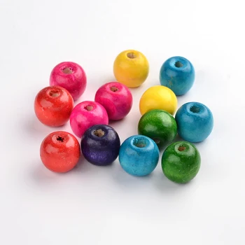 PandaHall 16mm Natural Dyed Round Mixed Color Large Hole Wood Beads