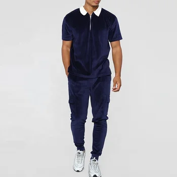China Factory Short Sleeve Polo T Shirt Velour Track Pants Mens Tracksuits Blank Jogging Suits