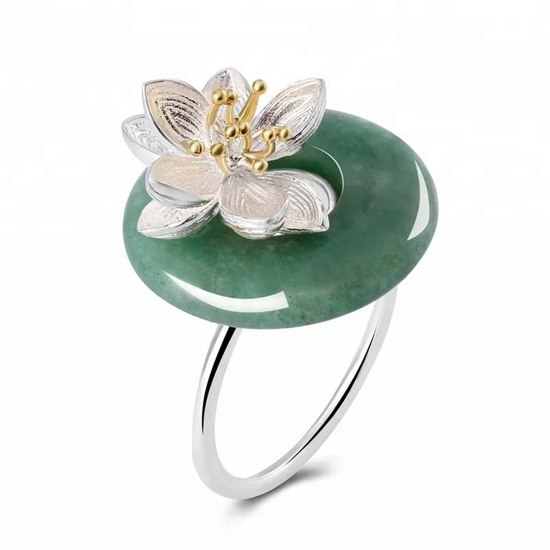 925 Silver Natural Green\Pink Stone Handmade Lotus  Flower Whispers Sizable Ring