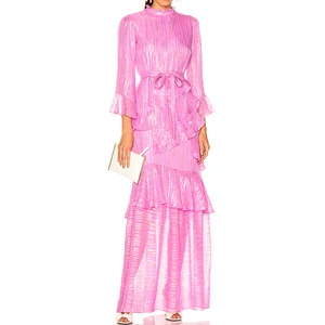 Lady pink Long Dress Trumpet Sleeves Ruffled Waist Women Party Maxi Dress