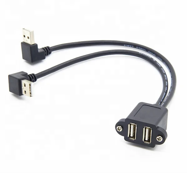 Dual USB 2.0  90 Degree angle Male to Female Cable Extension panel Mount with srcews cable