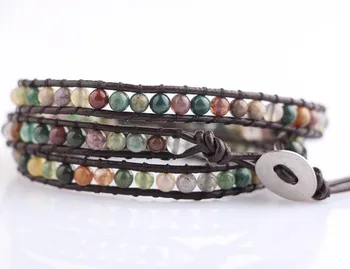 Fashion European style leather wrap bead bracelet Handcraft gemstone bead bracelet