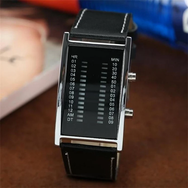 Unique Bridge Rectangle Shape Binary Led Watches Men Fashion Blue Light Display Leather Luxury Sports Digital Watch Relojes Hot