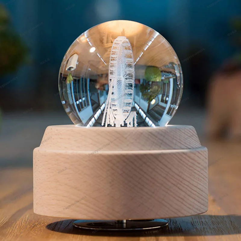 Романтическая 3D Музыкальная шкатулка с хрустальным шаром колесо обозрения светящаяся вращающаяся на деревянной основе со светодиодной