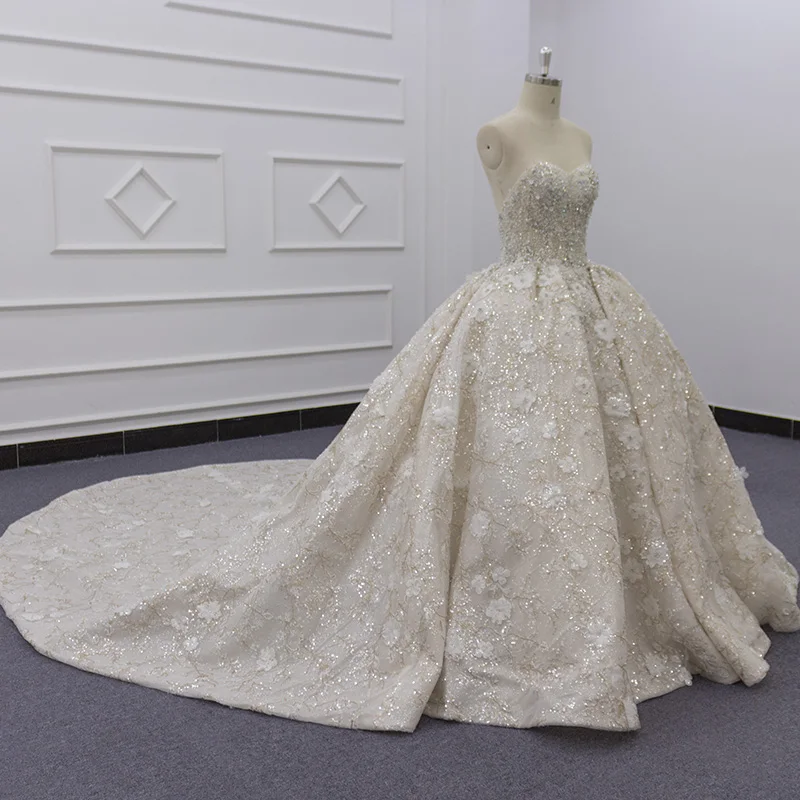 Eslieb LWY002 Real Photo New Style champagne Crystal Bead Chapel Train 3d Flower Lace Ball Gown Wedding Dress
