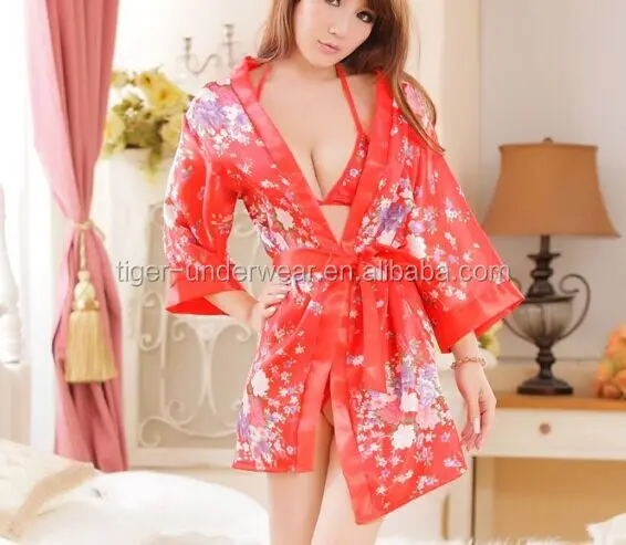 Short Design Red Flower Silk Towelling Bathrobe for Girl