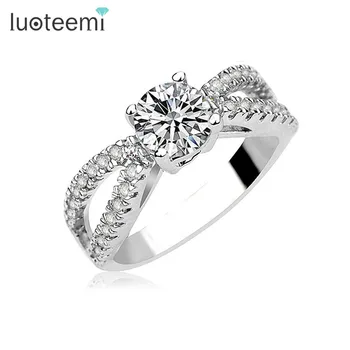 LUOTEEMI White Gold plated 2 carat Cubic Zirconia 2 Bands Halo Engagement Rings