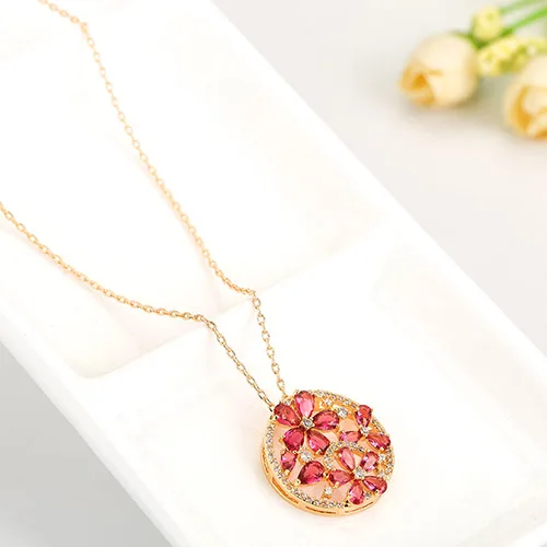 LUOTEEMI Tiny Teardrop Cubic Zirconia Diamond Gold Plated Ruby Flower Round Pendant Women Necklace