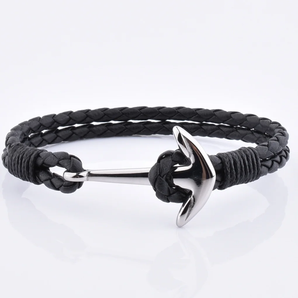 High Class Custom Logo Gold Anchor Navy Blue Leather Bracelet Charm New Fashion Genuine Leather Bracelet for Men