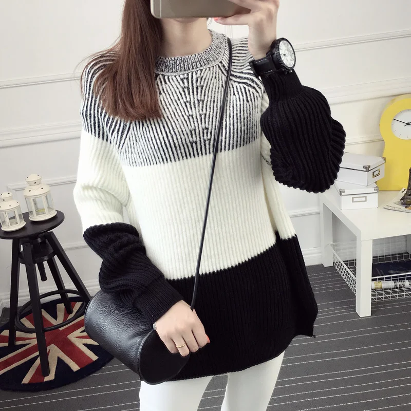 2016 font b winter b font pullover sweater female loose o neck clothes color block placketing
