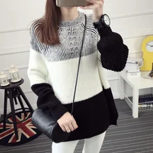 2016 font b winter b font pullover sweater female loose o neck clothes color block placketing