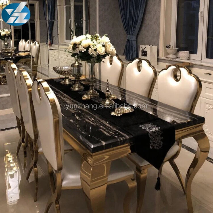 Longue table de salle à manger carrée en marbre noir avec 6 Ensemble de chaises