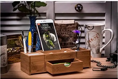 
Настольный органайзер с подставкой для телефона из бамбука 