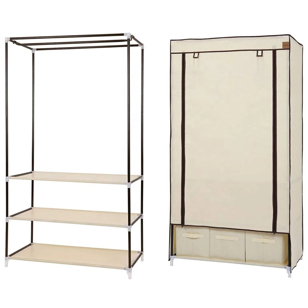 Fabric Double Canvas Wardrobe  With Clothes Storage Cupboard and  Shelves
