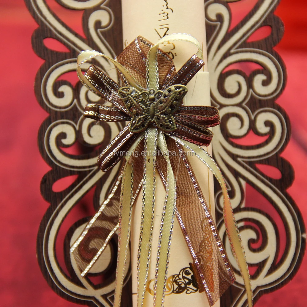 Yiwu Factory Wooden Scroll Wedding Invitations with Metal butterfly and Ribbon Bow