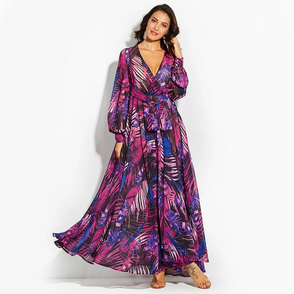 Wish New Come Women Long Sleeve Printed Dress Puff Sleeve Floral  Tropical Maxi Dress