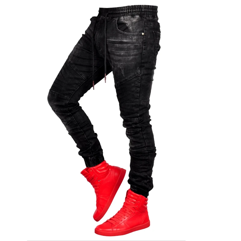 Новые модные мужские джинсы, обтягивающие штаны для бега, джинсовые черные скинни, качественные джинсы со склада, Заводские зауженные мужские джинсы в стиле хип-хоп, Джоггеры со складками