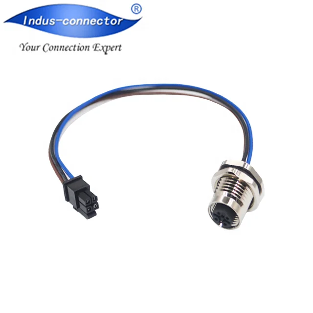 M12 A code 5 pin female m12 thread fix lock straight front panel mount with wire to Molex brand 4 pin housing connector