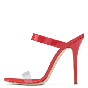 Chengdu Factory Strappy Sandals Silver Stiletto Dress Shoes Summer Heels Red Patent Leather Transparent High Heel Women Mules