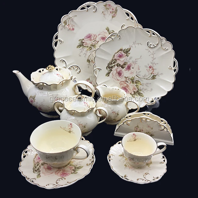 GRACE 24pcs Floral Embossed Gold Line German Design Modern Fine Royal Porcelain Tea Set for Home Party Gift