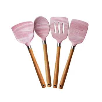Creative silicone pink marble texture beech wood handle kitchen utensil sets