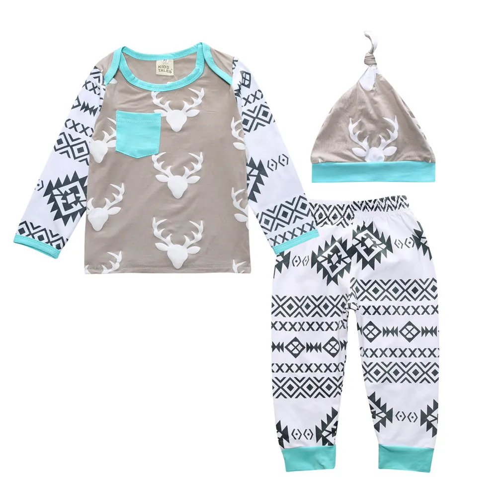 Newborn Infant Baby Boys Girls Print Tops T-Shirt Pants Hat Pajama Outfits Set 