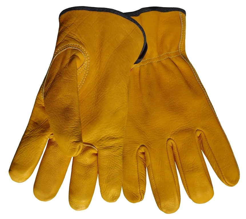 TPR Keystone Thumb Arc Impact Protection Cut Resistant Water Proof Yellow Grain Cowhide Leather Driver Gloves