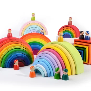 12 Pcs Building Blocks Montessori Educational Large Rainbow Stacking Wooden Toy