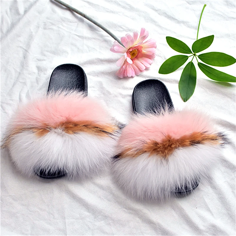 SF0325 Factory wholesale genuine fashion fox fur Slide Slippers /real fur slides