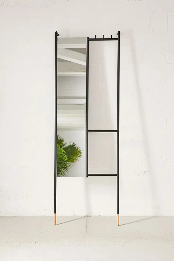 Large Metal Leaning Ladder Floor Full Dressing Mirror with Rack