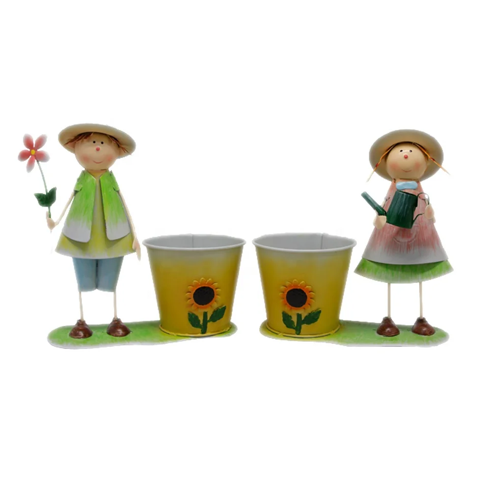 metal boy and girl flower pot  