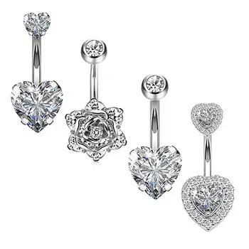4Pcs/Set 316L Stainless Steel Heart Sexy Belly Button Bar Jewelry Belly Navel Curved Barbell Body Chain For Women