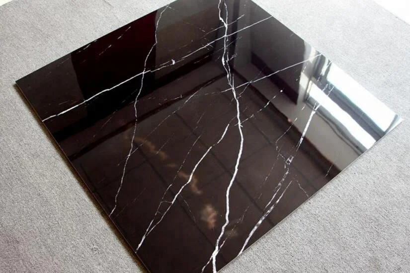 Modern Nero Marquina Marble Look Super Black Polished Vitrified Tiles with Firebrick Function for Interior Villa Use 800x800mm