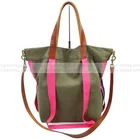 Customized fashion color real leather tote bag cotton canvas shoulder bag
