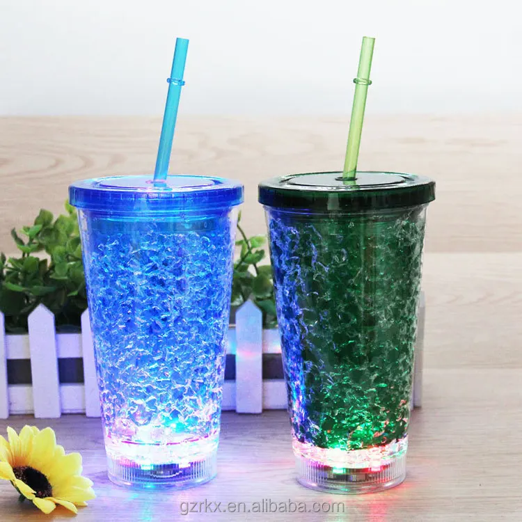 Прозрачная пластиковая светодиодная мигающая кружка с двойными стенками и соломинкой Пластиковая Кружка со светодиодной подсветкой летняя