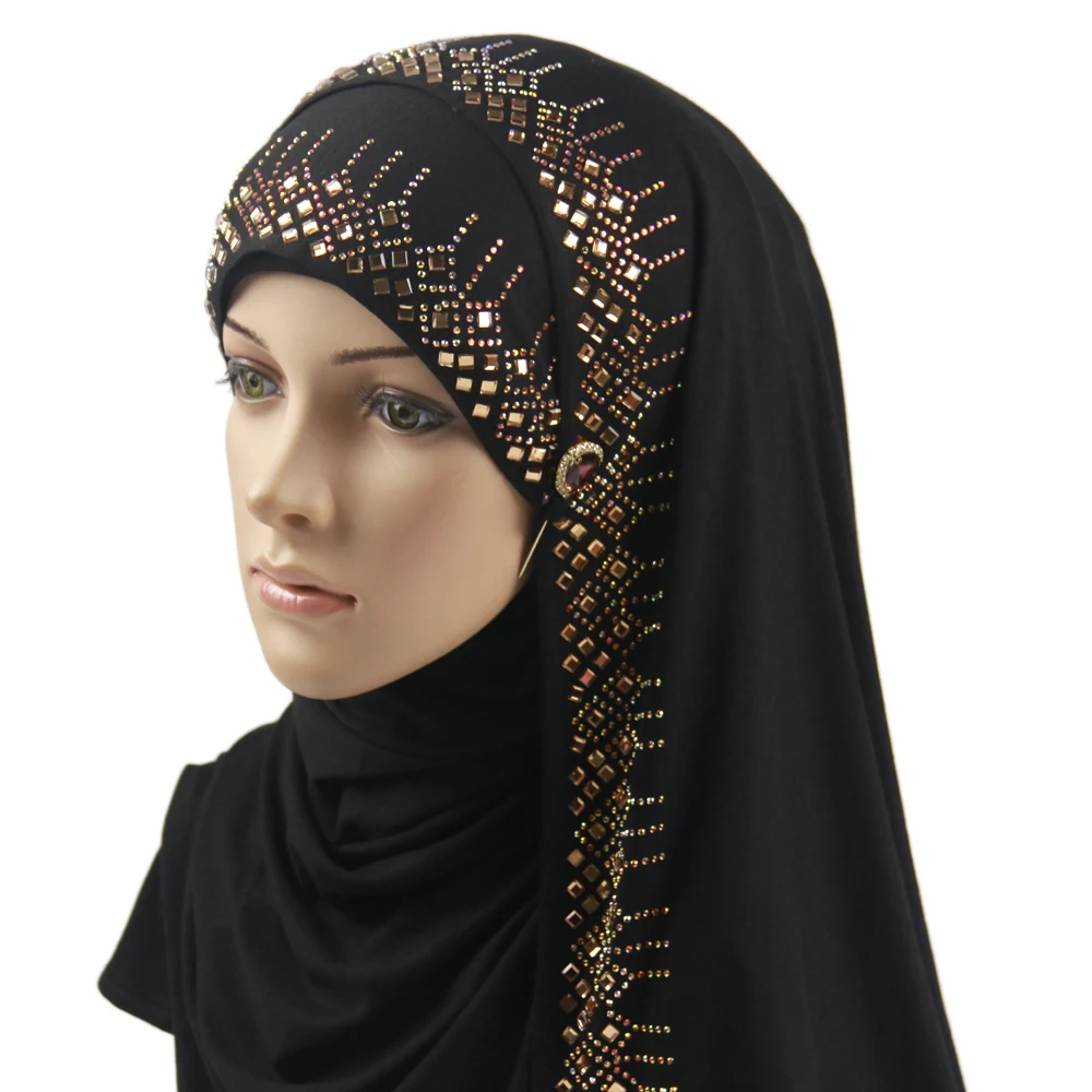 2021 Wholesale Plain Black Rhinestone Diamond Scar Shawl Stretch Jersey Cotton Hijab With Golden Stone for Women