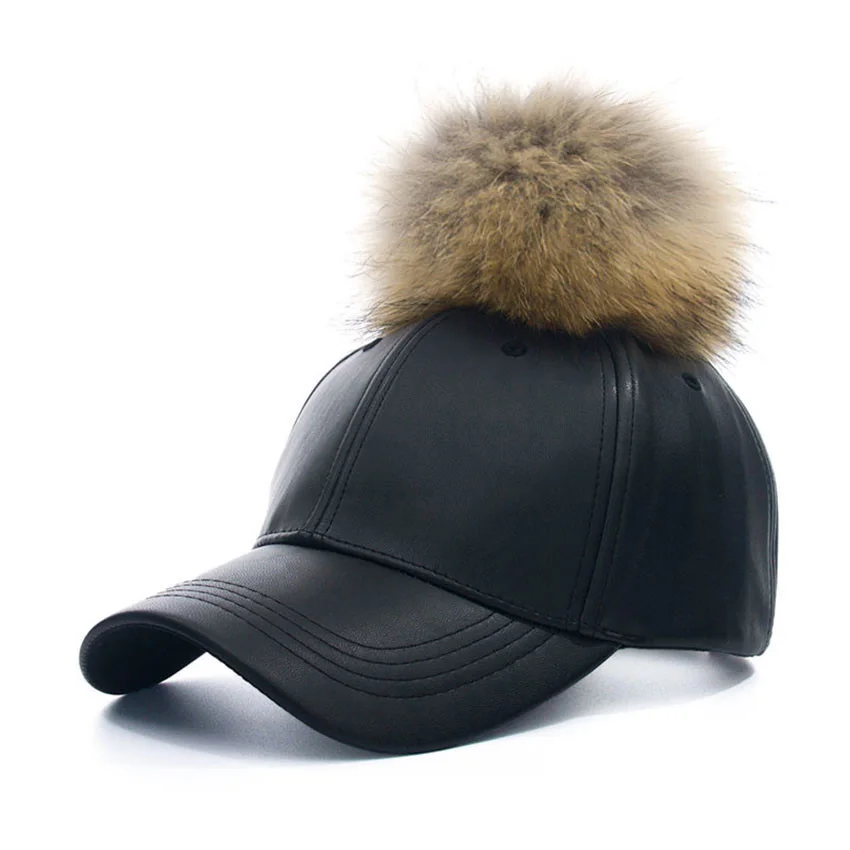 High quality custom plain leather winter top pompon baseball cap