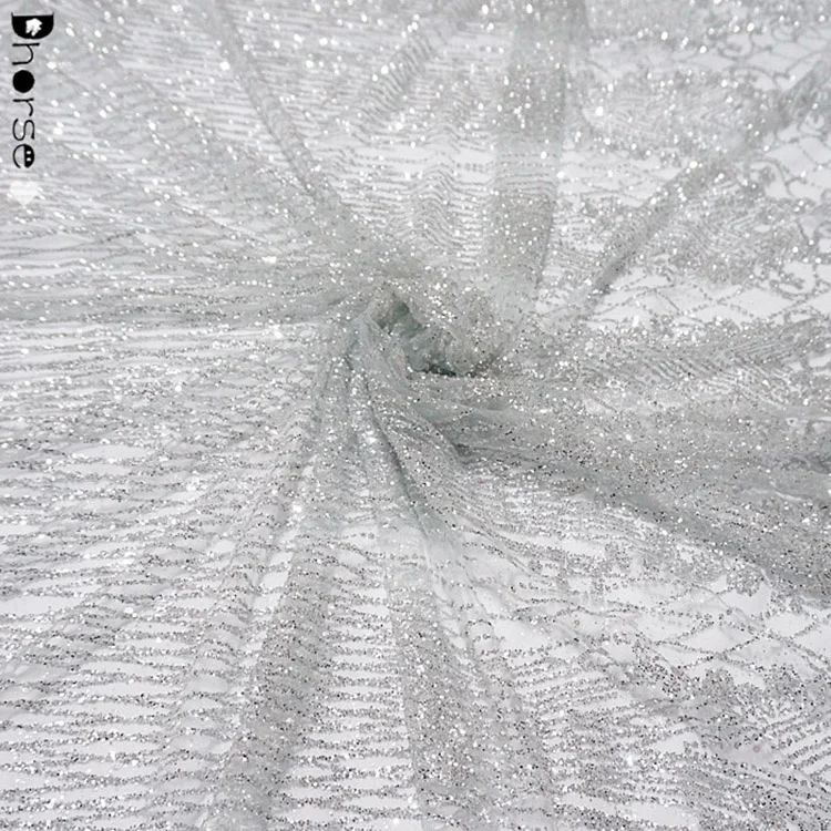 High End Netting Strip Broken Drill Silver Glitter Lace Fabric