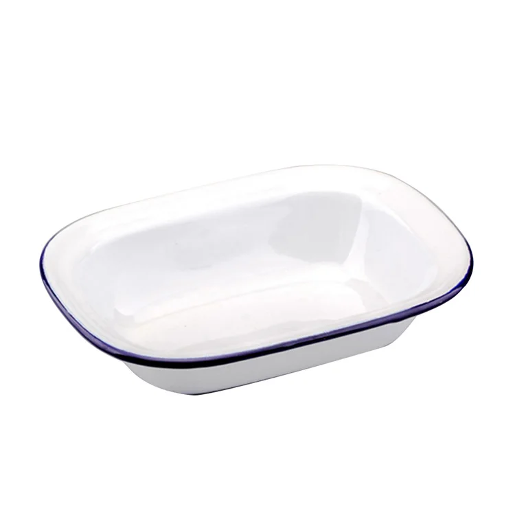 Practical Solid White Color Blue Rim Enamel Loaf Pan