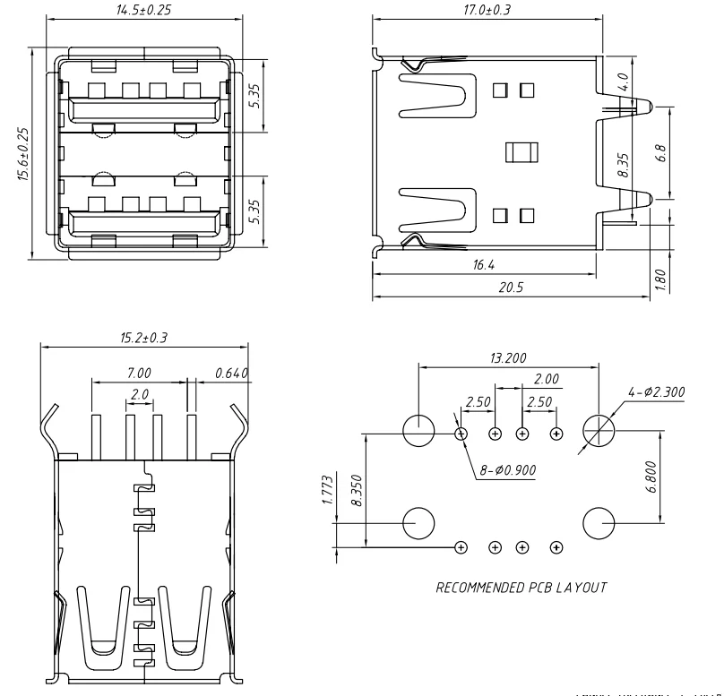 Double Stack 2 Usb Port Female USB 2.0 Connector