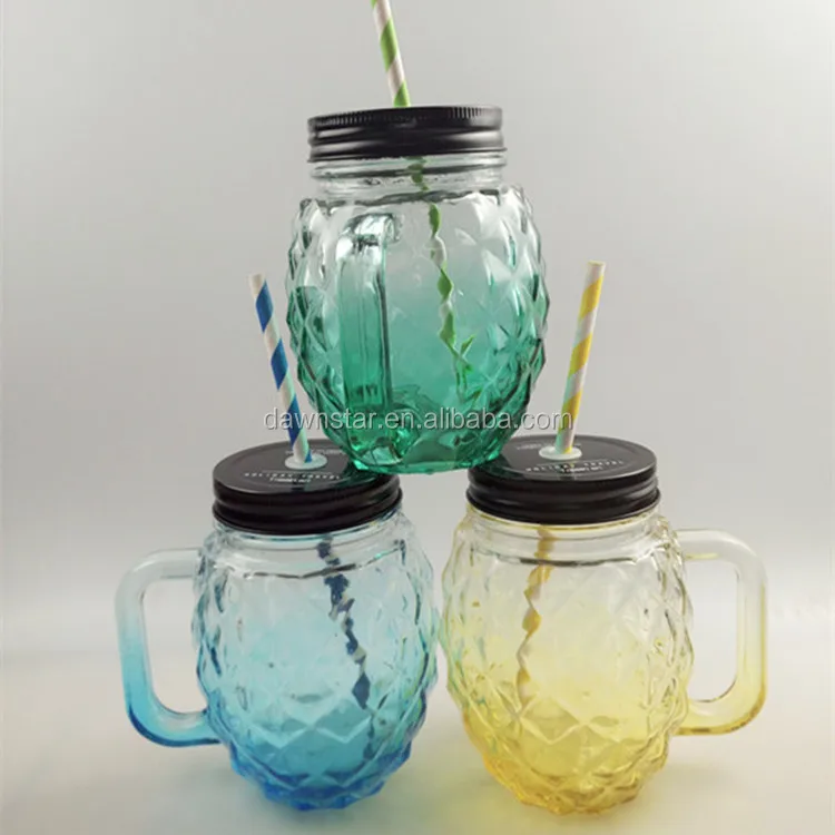 Pineapple-Shaped Mason Jar Mug Glasses with Handles, Straws & Lids