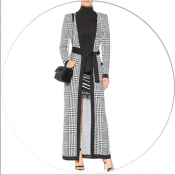 C1083 Wholesale 2020 High Quality Rayon Women Long Sleeve Luxury Black White Swallow Gird Jacquard Weave bodycon Maxi Coat