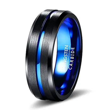 POYA Jewelry Black Blue Tungsten Carbide Ring 8mm Center Grooved Beveled Edges Men's Wedding Band Comfort Fit