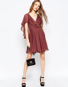 Summer Solid Pattern Mini Dress Wrap Front Pleated Chiffon Cape Sleeve Open Back Ruffle Natural Waistline Woven Digital Printing