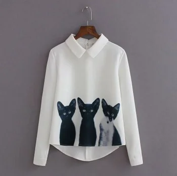 Women Clothes 2018 Latest Fashion White Cat Print Cotton Sarees Blouse Designs Long Sleeve Shirt