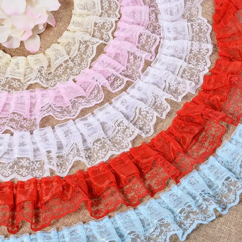 Beige Qiuda 6m 2-layer Pleated Organza Lace Edge Trim Gathered Mesh Ribbon Sewing DIY Handmade 5cm