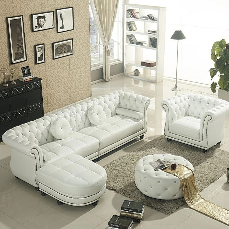 Modern Living Room Set White Leather Chesterfield Sofa